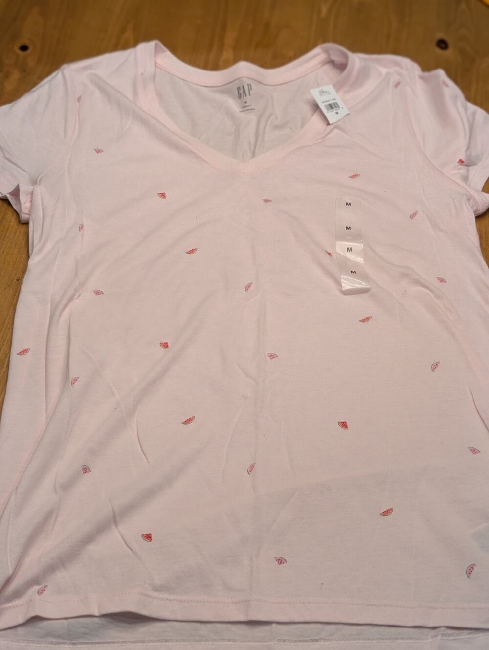 Gap V-Neck T-Shirt, Pink With Watermelon Print, Women's Medium, NWT